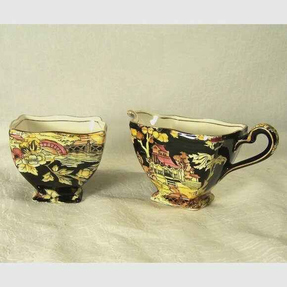 Royal Winton Grimwades Black Pekin Bone China Creamer Sugar Set Vintage 1950s - Picture 1 of 10